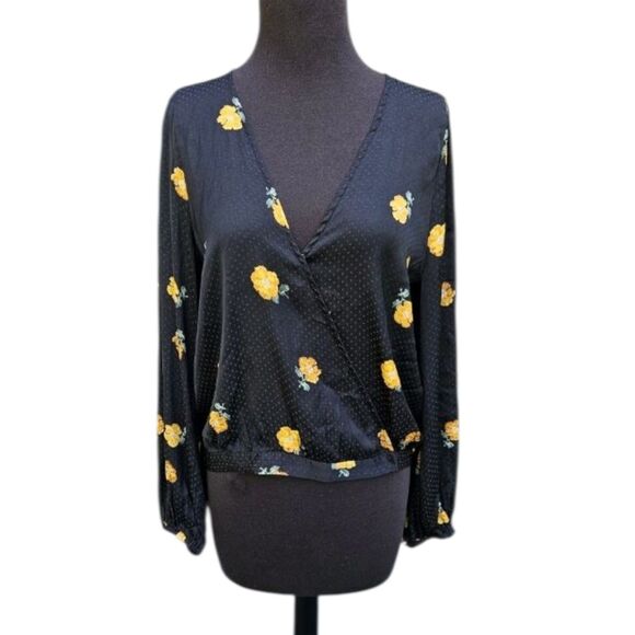 Madewell Floating Yellow Florets Silky Wrap Top Blouse Bubble Sleeve Large Black - Picture 2 of 10